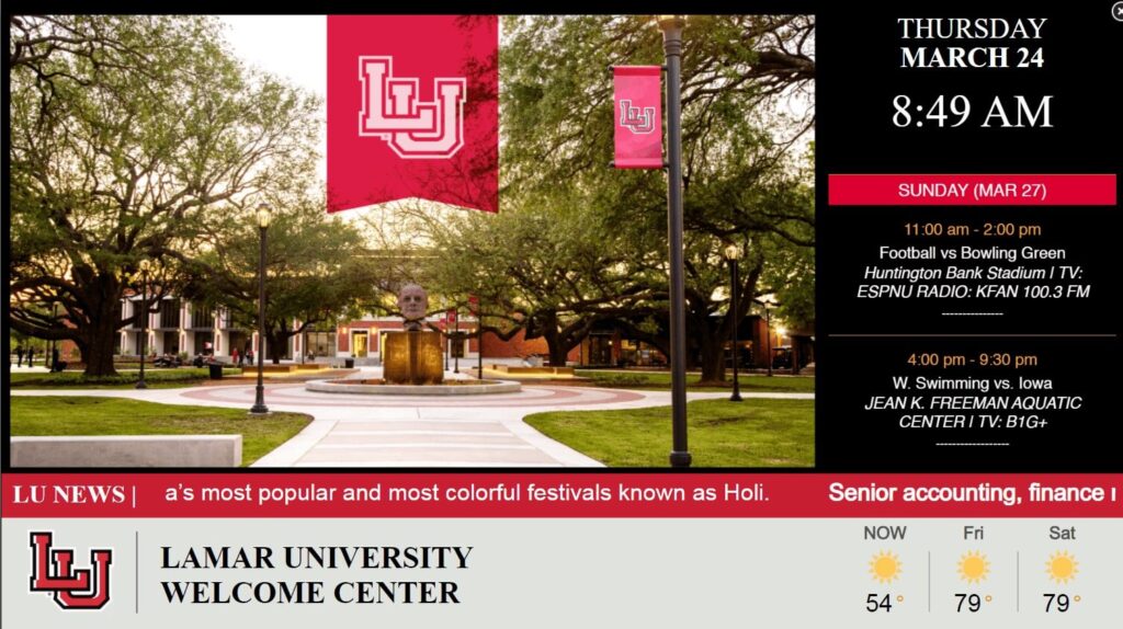 Lamar University digital signage screenshot displaying campus news, weather, and welcome center schedule.
