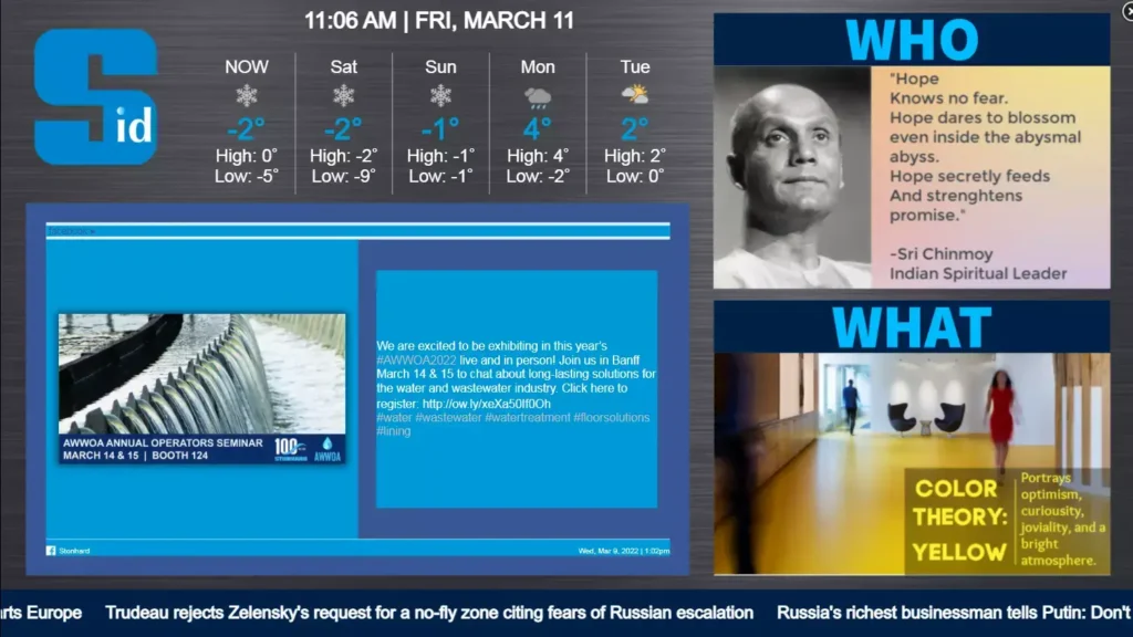 Sid digital signage screenshot disaplying local weather, social media posts, inspirational quotes, and fun facts.
