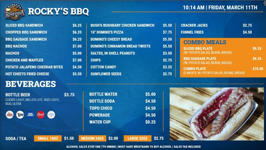 Rocky's BBQ digital signage screenshot displaying main menu items and available drinks with image of hotdog.