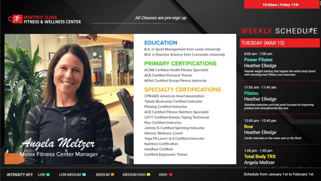 Fitness & Wellness Center digital signage screenshot displaying weekly schedule and employee spotlight.