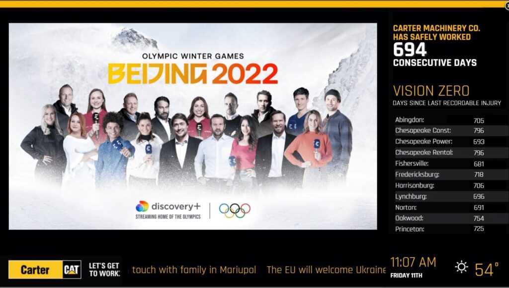 Carter digital signage software displaying consecutive days counter, counters by location, and promotion for Beijing Olympics.