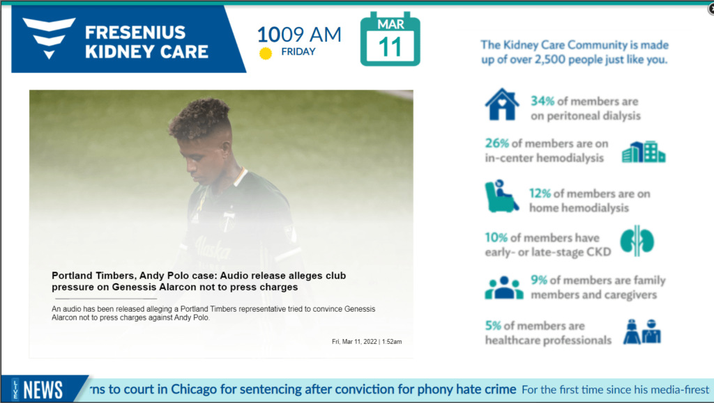 Fresenius Kidney Care digital signage screenshot displaying live news headlines, weather, kidney care facts.