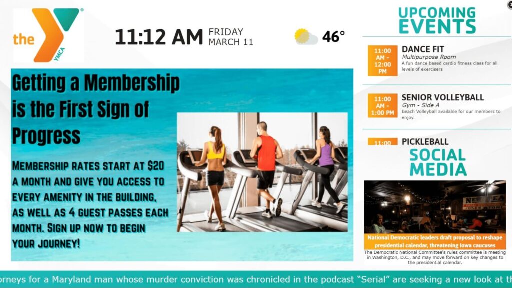 YMCA digital signage screenshot displaying upcoming events, social media posts, and membership sign-up information.